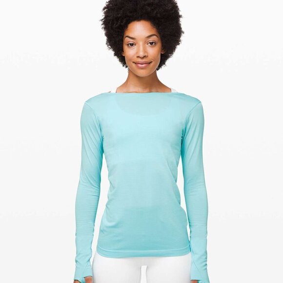 Lululemon Light Blue Swiftly Speed Long Sleeve Cinch Ruched Back Top Size 8 - Picture 1 of 9